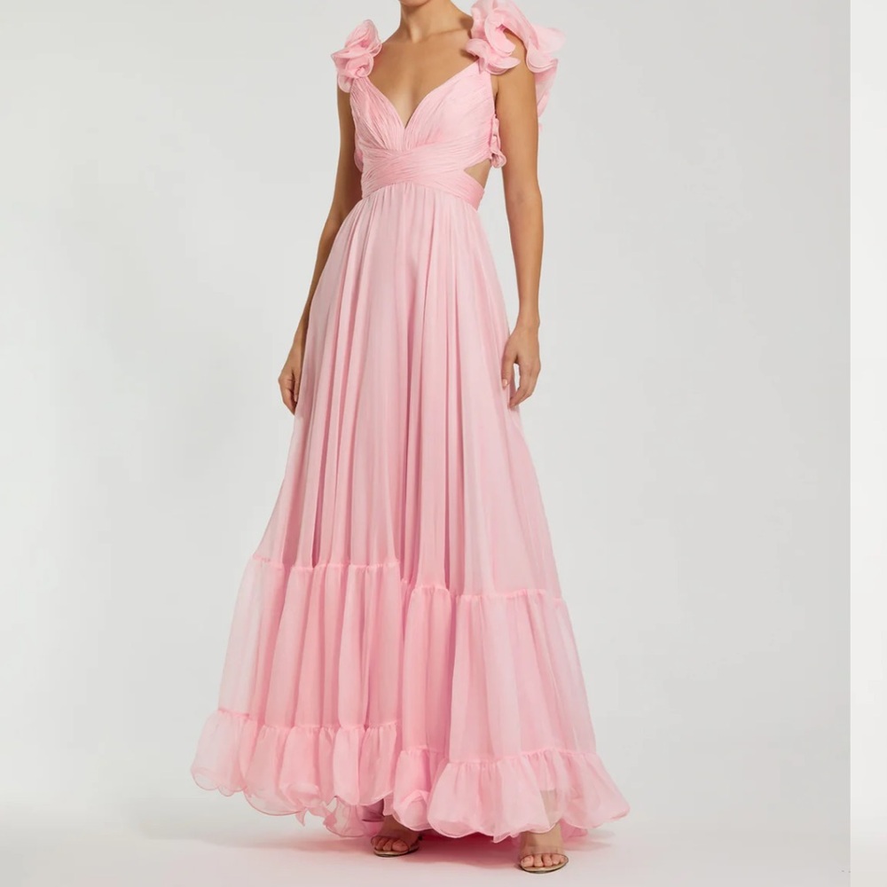 Pink Ruffle Tiered Cut-Out Chiffon Gown